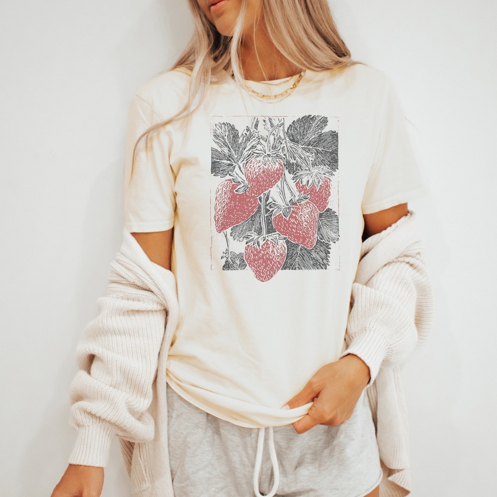Strawberry Plant Graphic Tee Botanical Woodcut Style Nature Art
